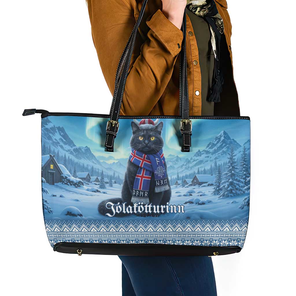 Iceland Christmas Leather Tote Bag Icelandic Yule Cat - Wonder Print Shop