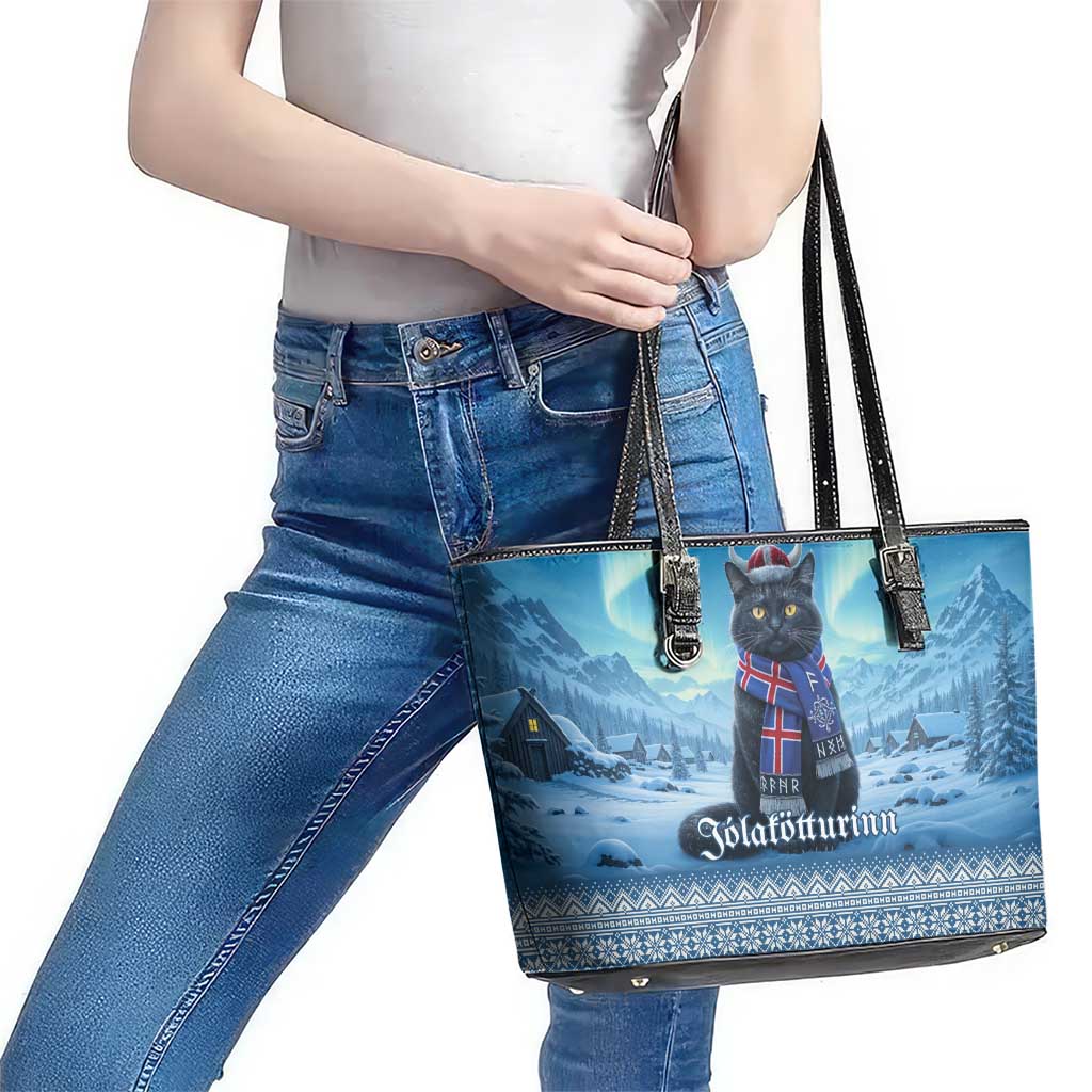 Iceland Christmas Leather Tote Bag Icelandic Yule Cat - Wonder Print Shop