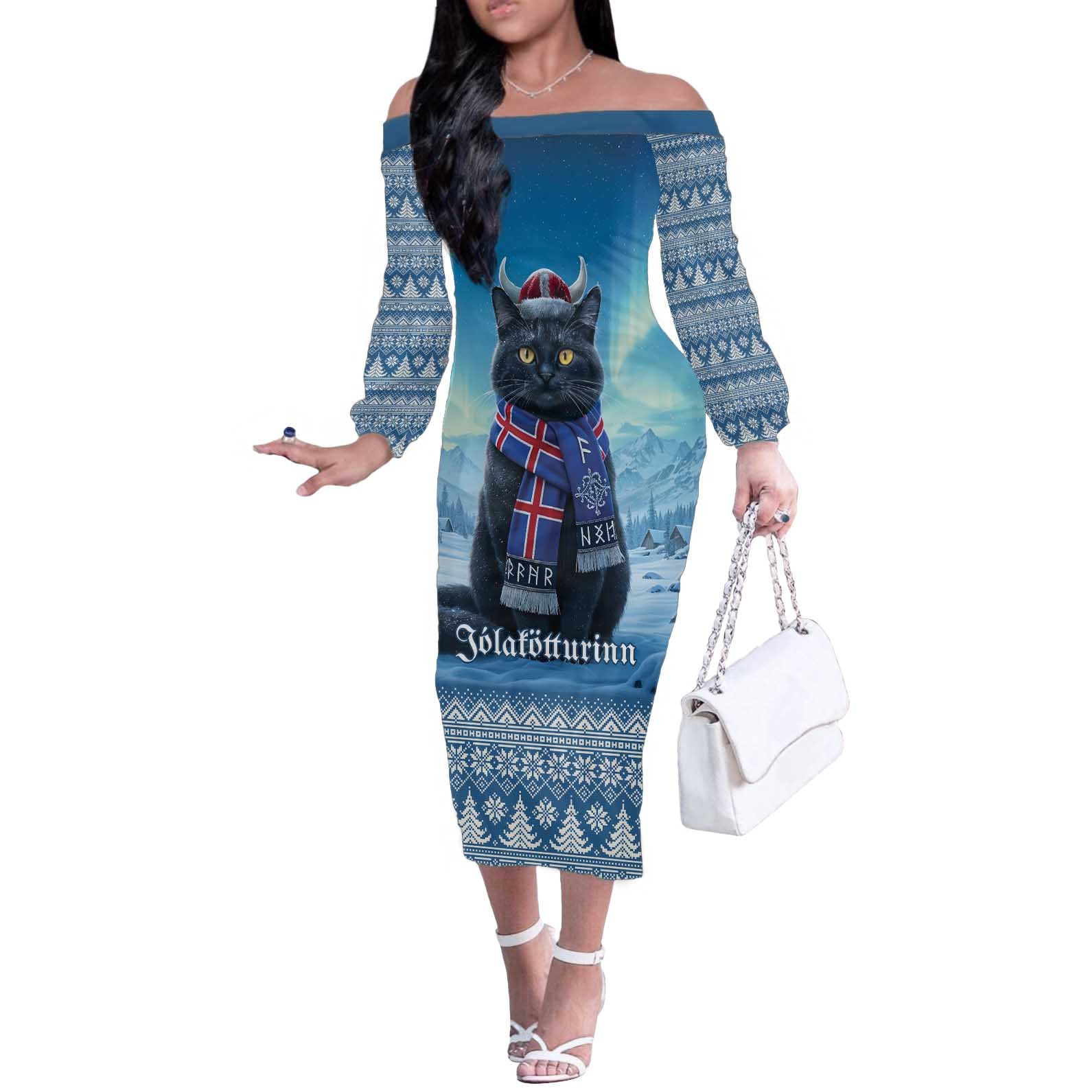 Iceland Christmas Off The Shoulder Long Sleeve Dress Icelandic Yule Cat LT19