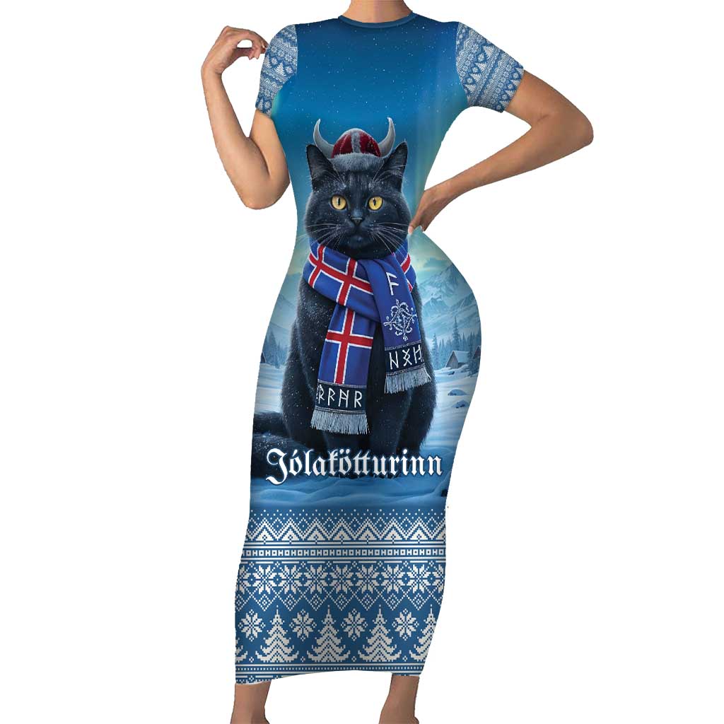 Iceland Christmas Short Sleeve Bodycon Dress Icelandic Yule Cat LT19