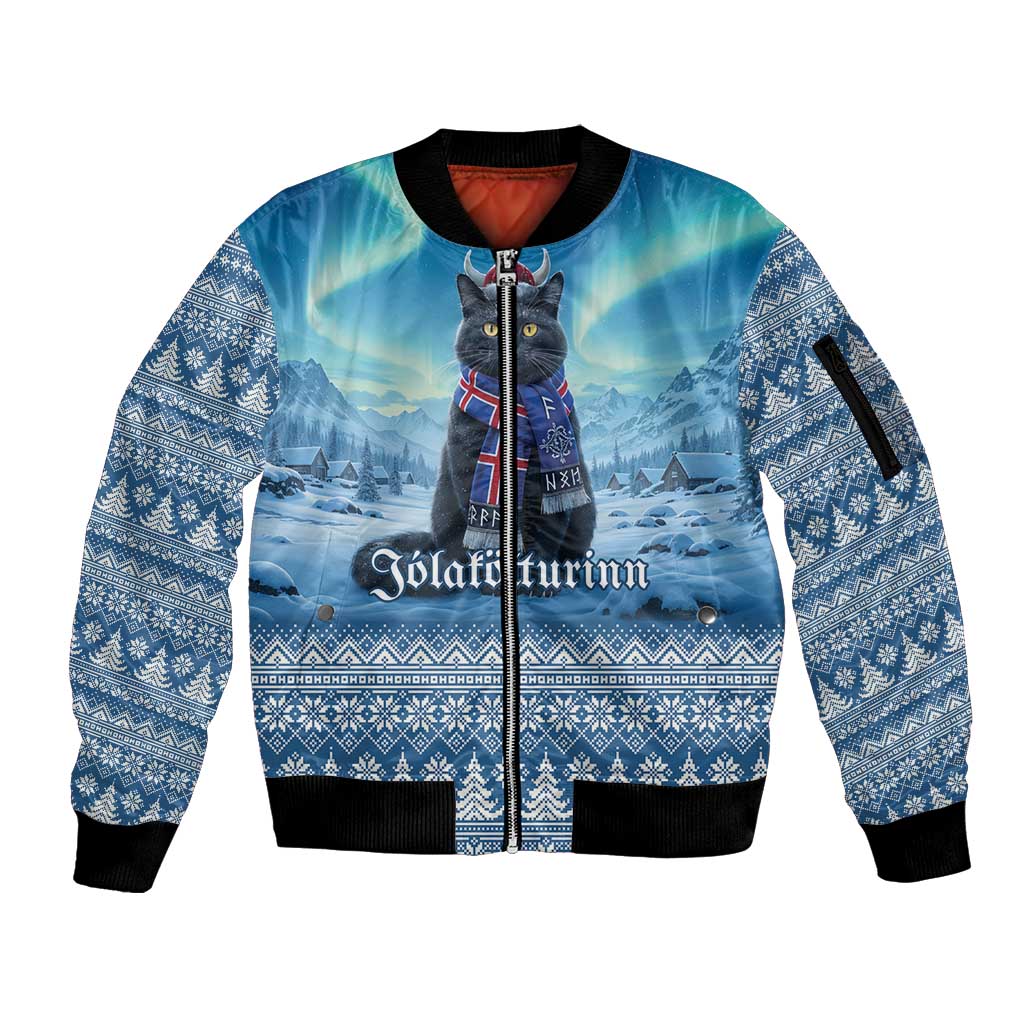 Iceland Christmas Sleeve Zip Bomber Jacket Icelandic Yule Cat LT19