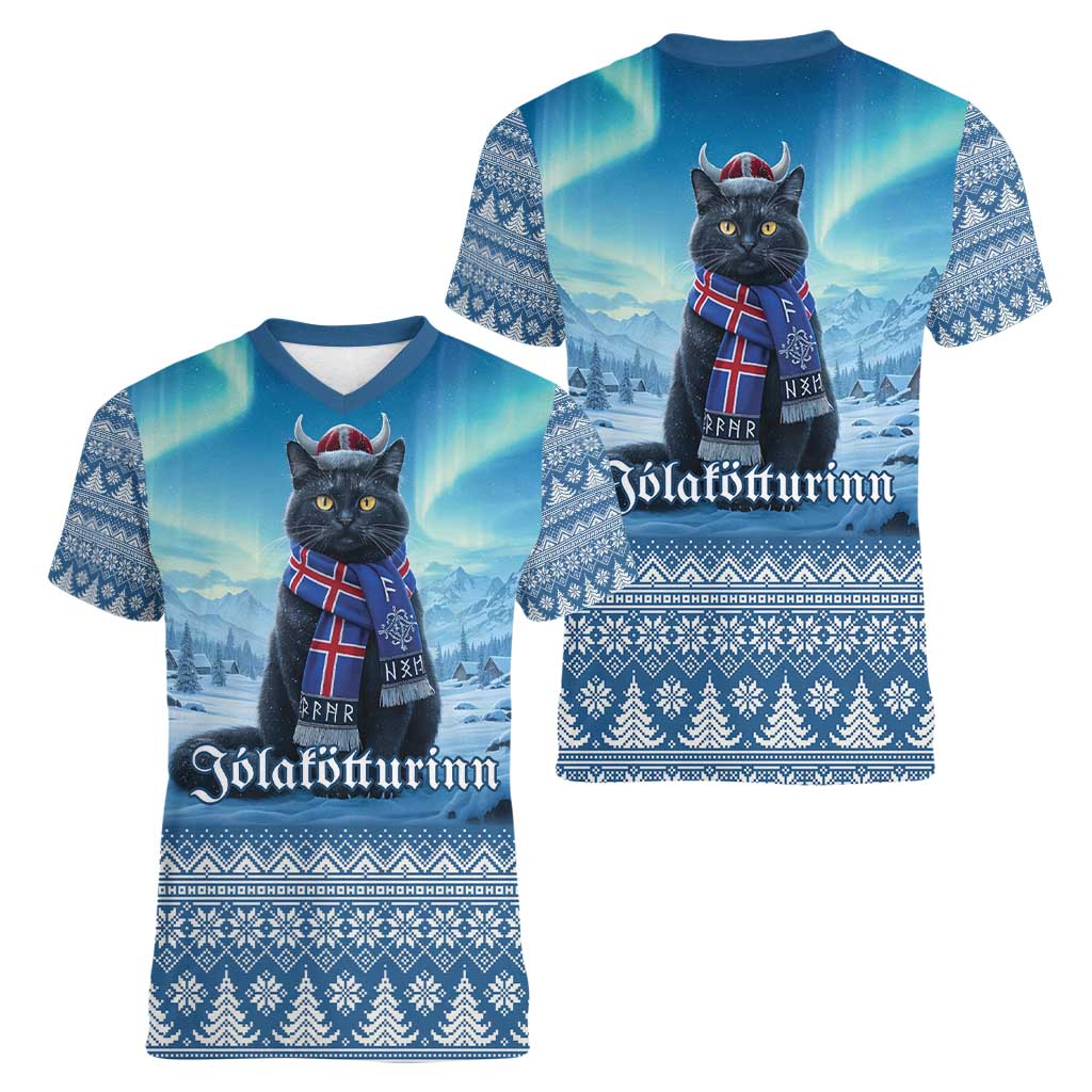 Iceland Christmas Women V-Neck T-Shirt Icelandic Yule Cat LT19