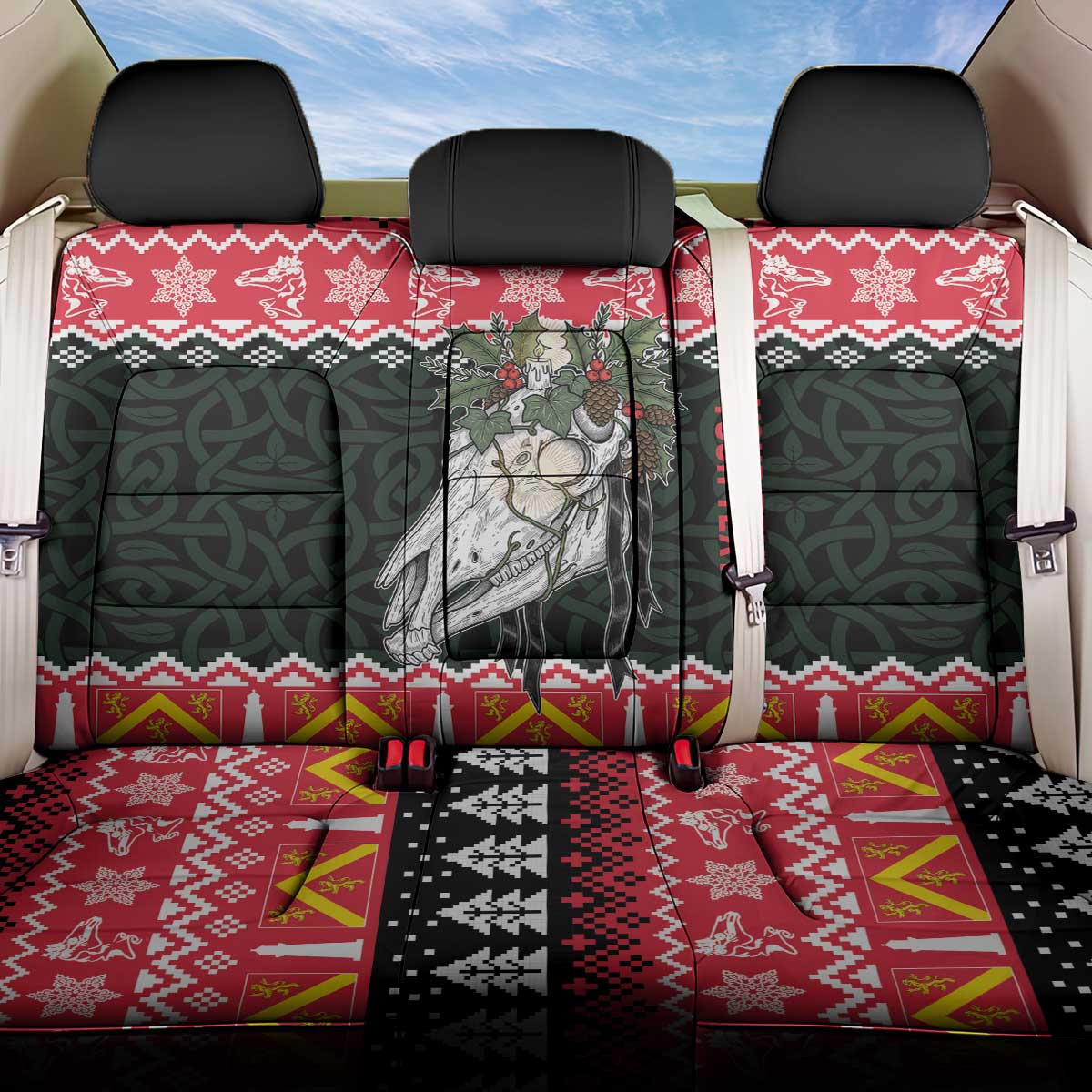 Personalized Anglesey Wales Christmas Back Car Seat Cover Mari Lwyd Celtic Knot Style - Wonder Print Shop