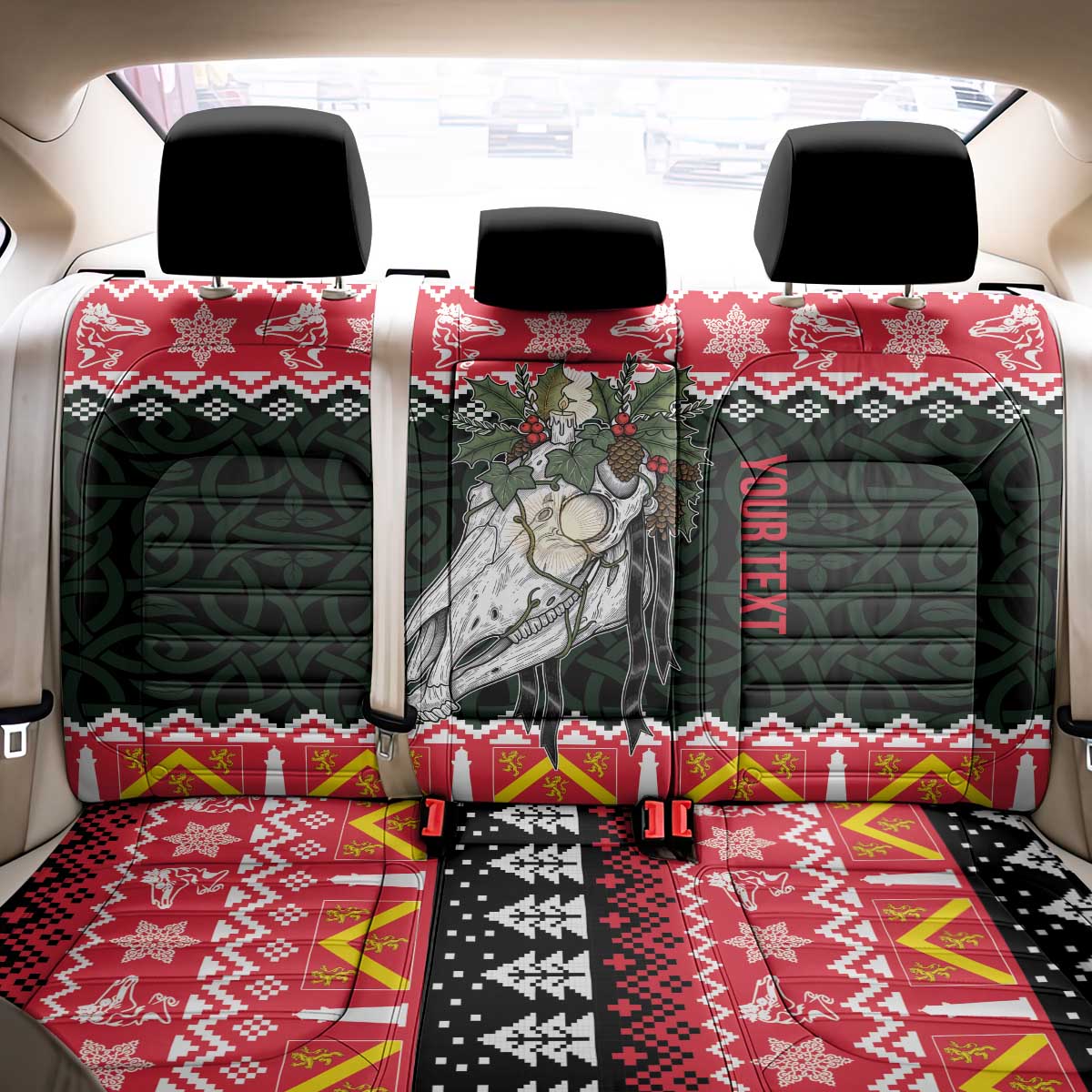Personalized Anglesey Wales Christmas Back Car Seat Cover Mari Lwyd Celtic Knot Style - Wonder Print Shop