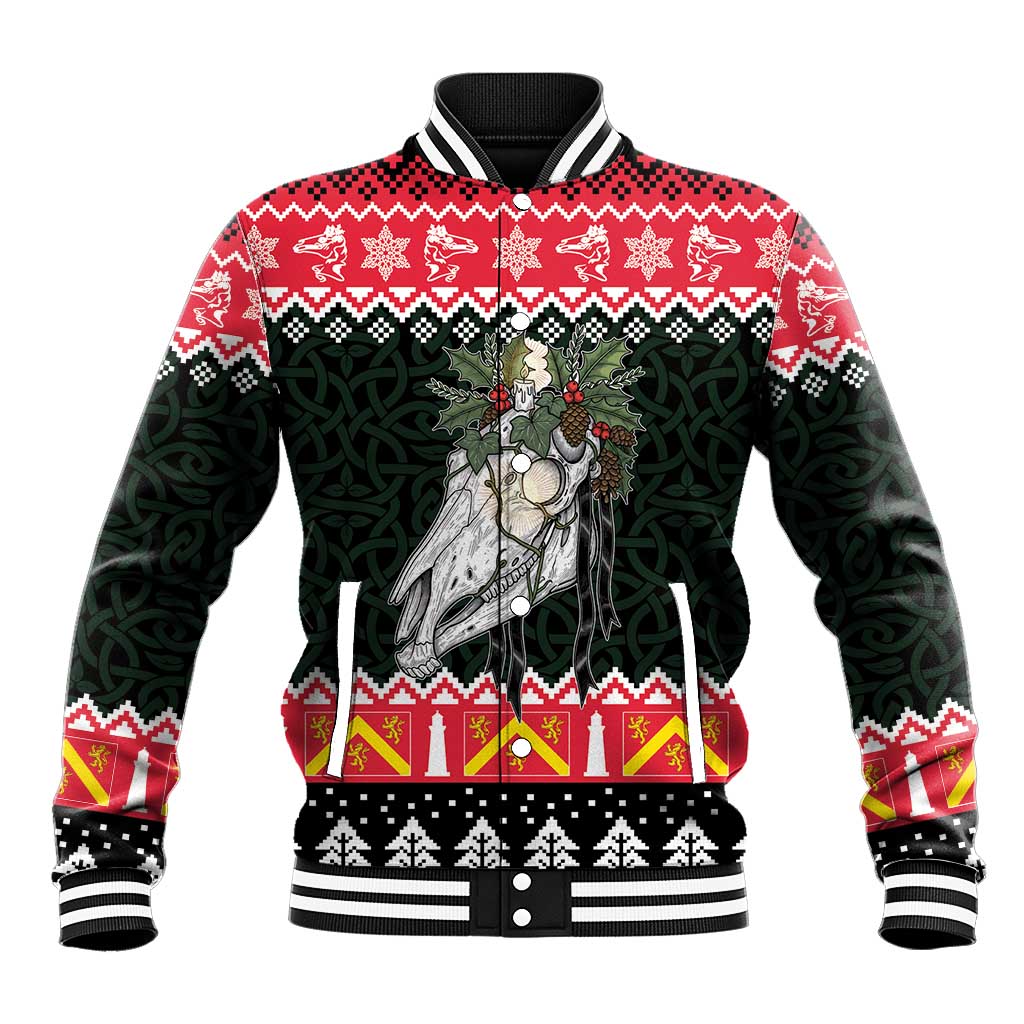 Personalized Anglesey Wales Christmas Baseball Jacket Mari Lwyd Celtic Knot Style - Wonder Print Shop