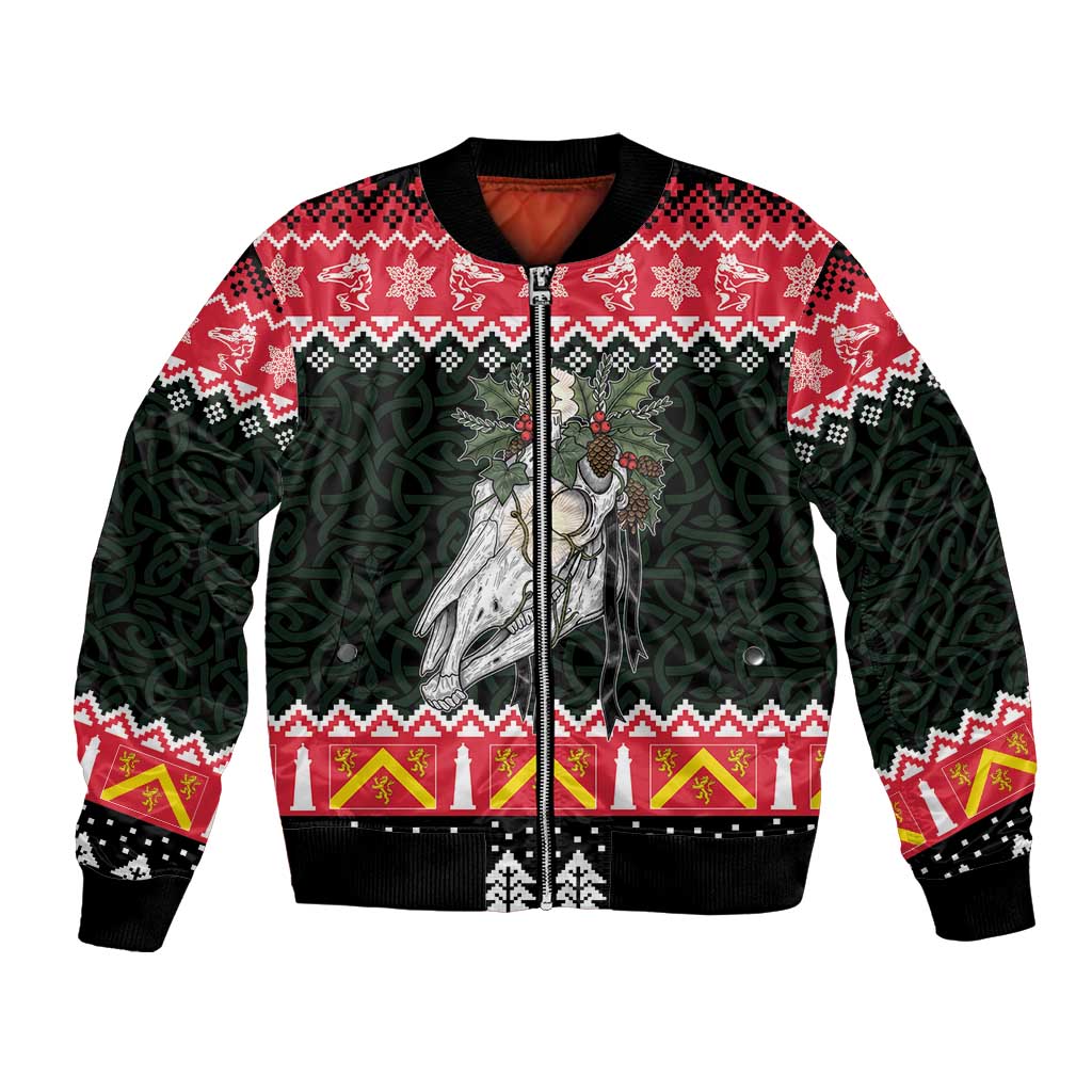 Personalized Anglesey Wales Christmas Bomber Jacket Mari Lwyd Celtic Knot Style - Wonder Print Shop