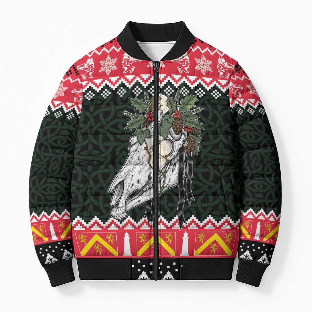 Personalized Anglesey Wales Christmas Bomber Puffer Jacket Mari Lwyd Celtic Knot Style - Wonder Print Shop