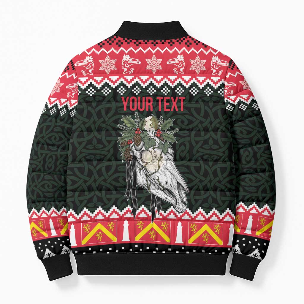 Personalized Anglesey Wales Christmas Bomber Puffer Jacket Mari Lwyd Celtic Knot Style - Wonder Print Shop