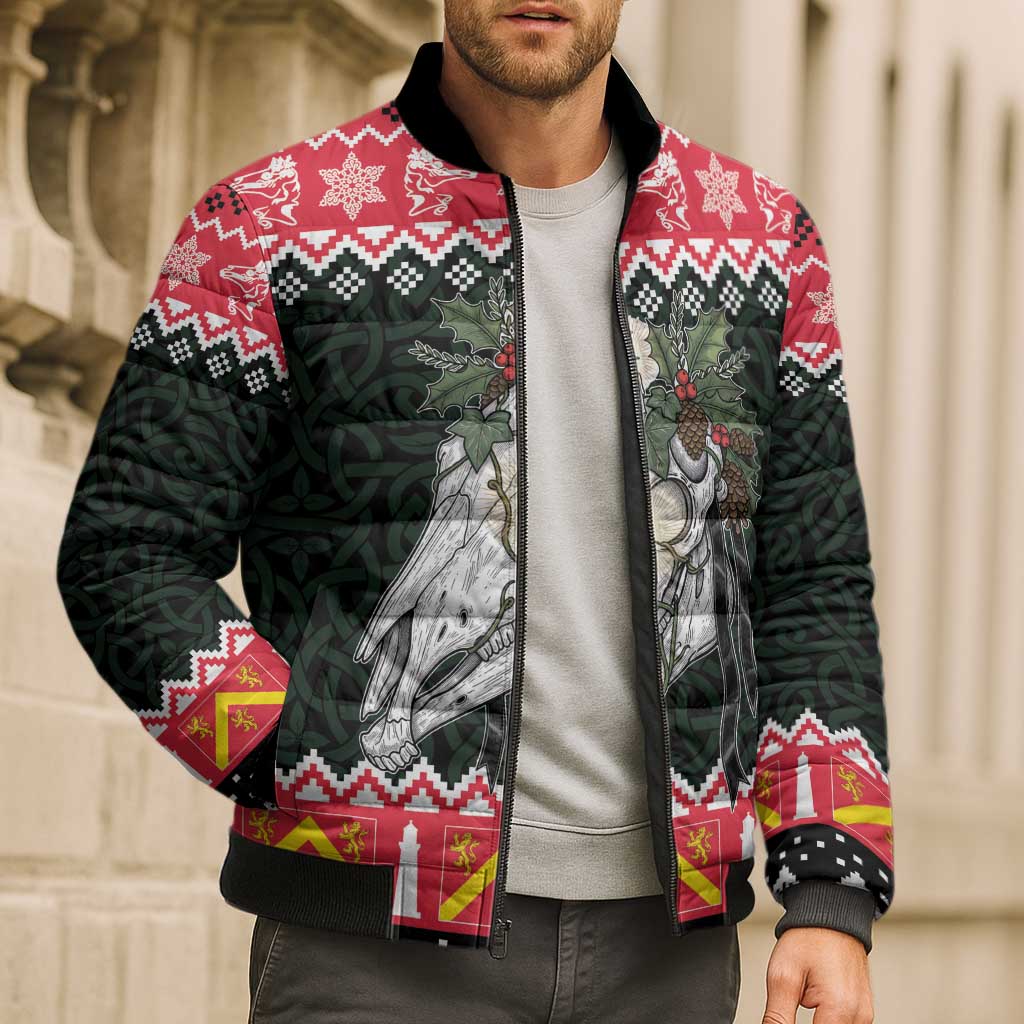 Personalized Anglesey Wales Christmas Bomber Puffer Jacket Mari Lwyd Celtic Knot Style - Wonder Print Shop