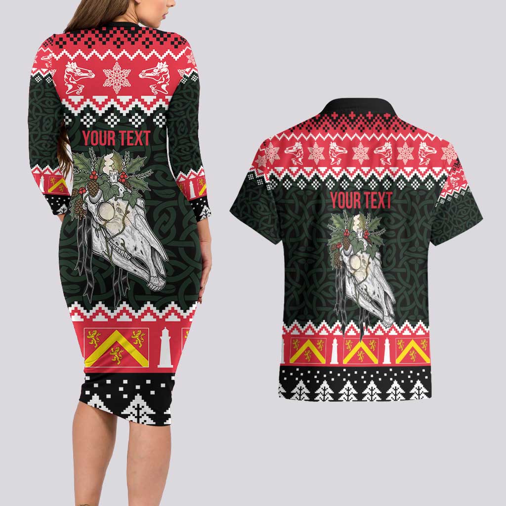 Personalized Anglesey Wales Christmas Couples Matching Long Sleeve Bodycon Dress and Hawaiian Shirt Mari Lwyd Celtic Knot Style - Wonder Print Shop