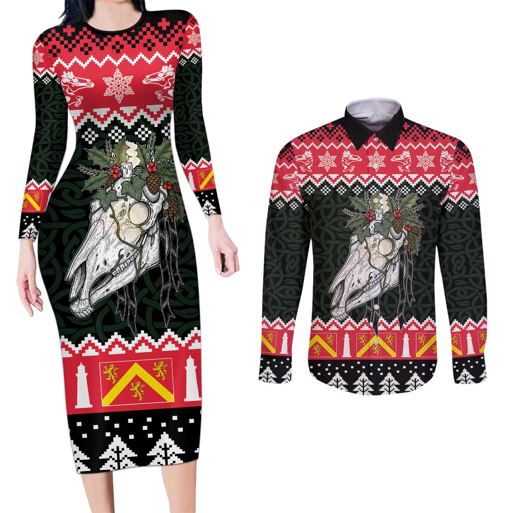 Personalized Anglesey Wales Christmas Couples Matching Long Sleeve Bodycon Dress and Long Sleeve Button Shirt Mari Lwyd Celtic Knot Style - Wonder Print Shop