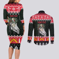 Personalized Anglesey Wales Christmas Couples Matching Long Sleeve Bodycon Dress and Long Sleeve Button Shirt Mari Lwyd Celtic Knot Style - Wonder Print Shop