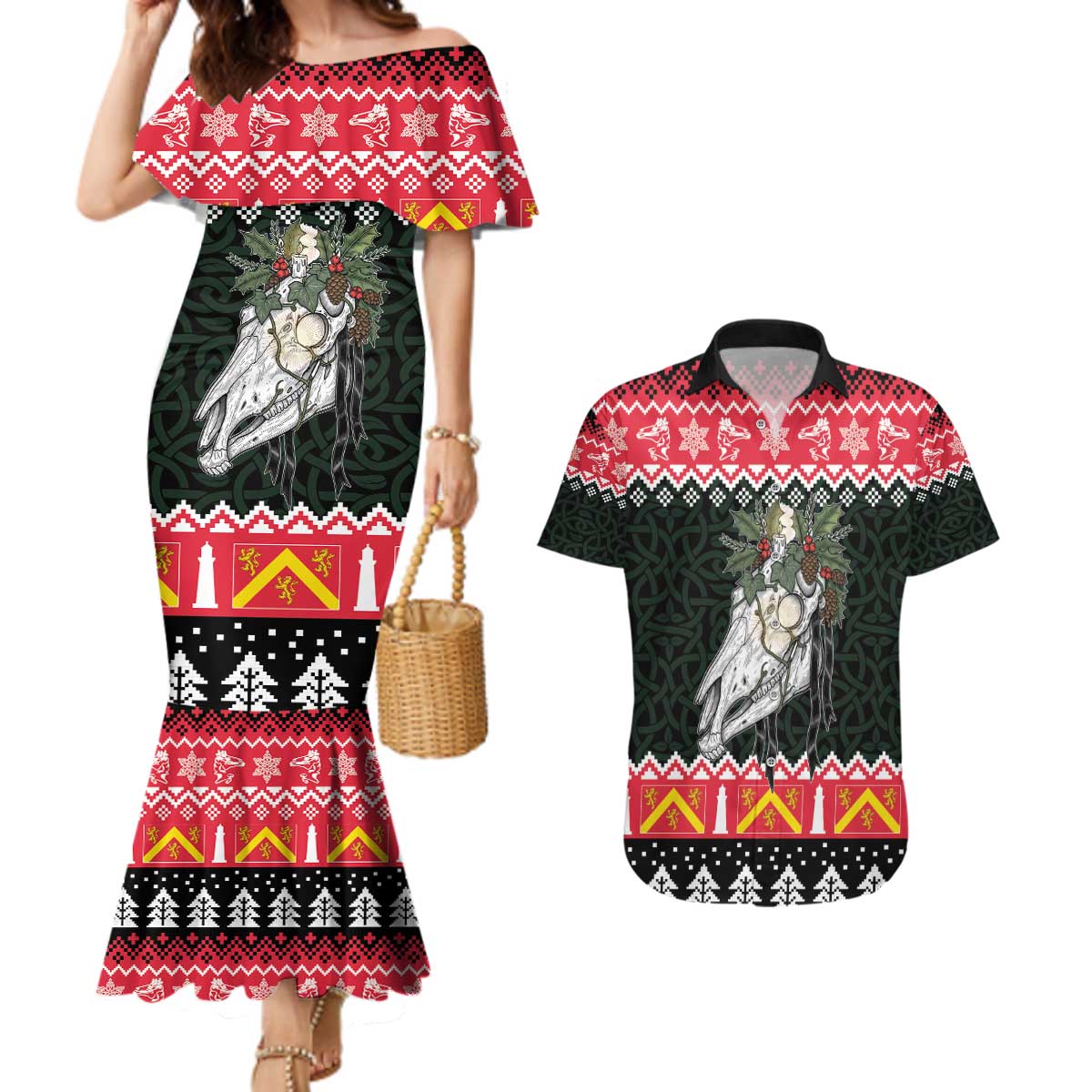 Personalized Anglesey Wales Christmas Couples Matching Mermaid Dress and Hawaiian Shirt Mari Lwyd Celtic Knot Style - Wonder Print Shop