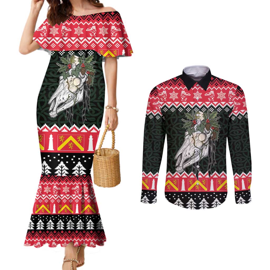 Personalized Anglesey Wales Christmas Couples Matching Mermaid Dress and Long Sleeve Button Shirt Mari Lwyd Celtic Knot Style - Wonder Print Shop