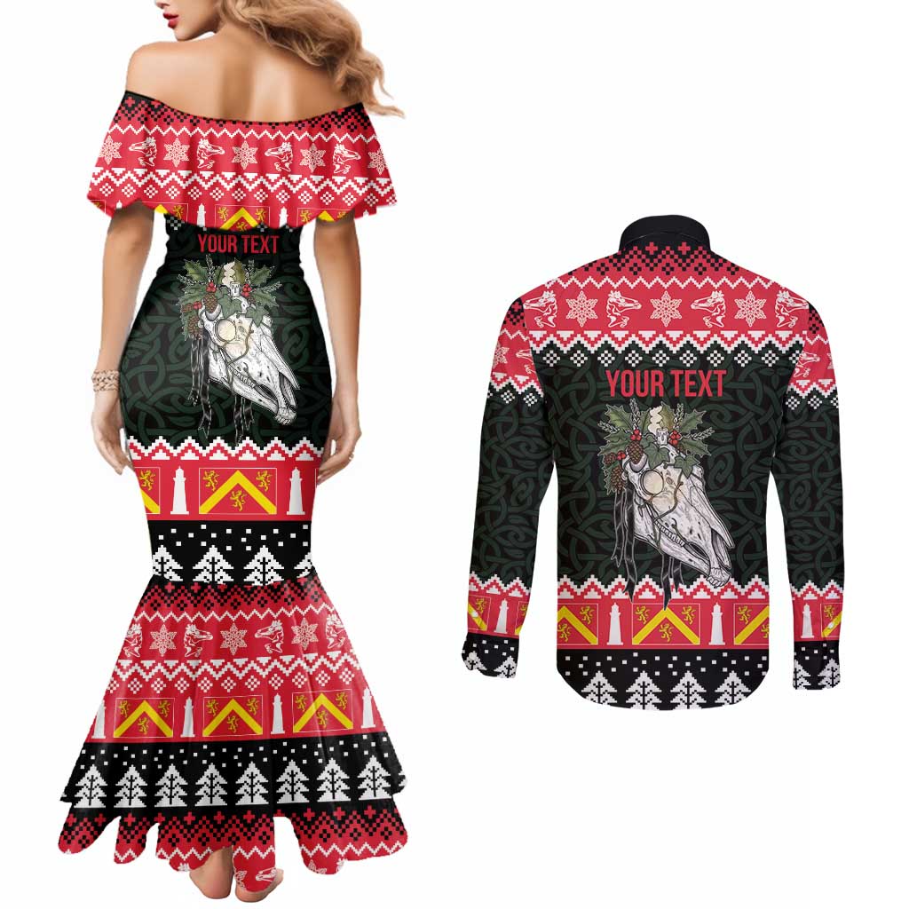 Personalized Anglesey Wales Christmas Couples Matching Mermaid Dress and Long Sleeve Button Shirt Mari Lwyd Celtic Knot Style - Wonder Print Shop