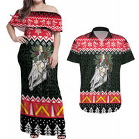 Personalized Anglesey Wales Christmas Couples Matching Off Shoulder Maxi Dress and Hawaiian Shirt Mari Lwyd Celtic Knot Style - Wonder Print Shop