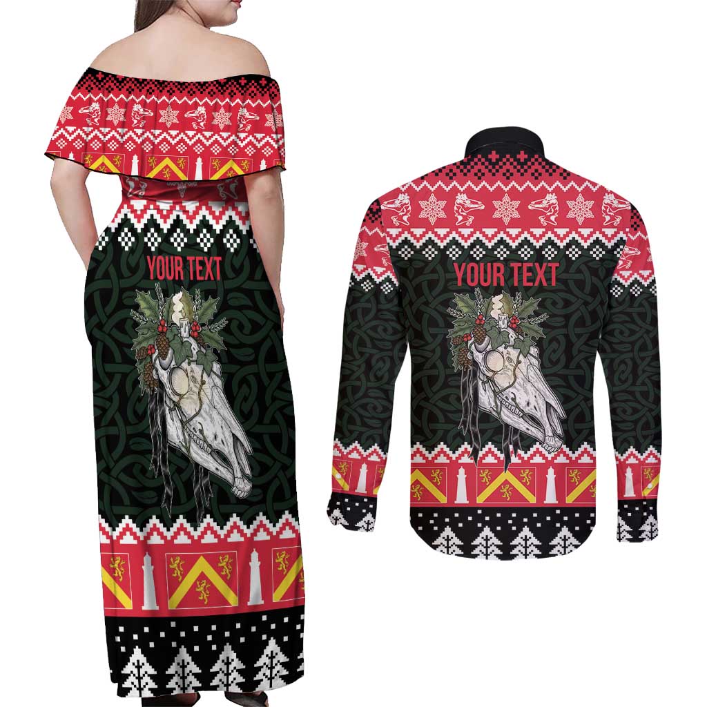Personalized Anglesey Wales Christmas Couples Matching Off Shoulder Maxi Dress and Long Sleeve Button Shirt Mari Lwyd Celtic Knot Style - Wonder Print Shop
