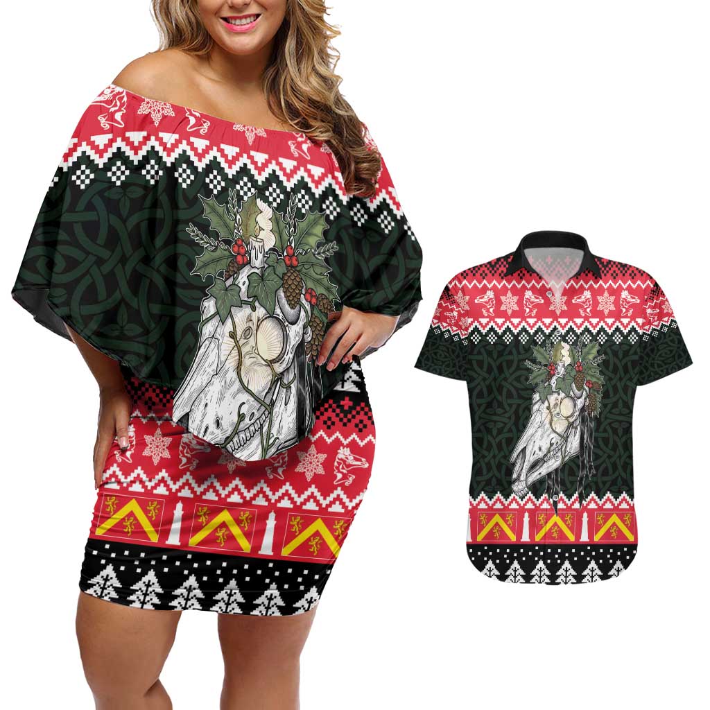 Personalized Anglesey Wales Christmas Couples Matching Off Shoulder Short Dress and Hawaiian Shirt Mari Lwyd Celtic Knot Style - Wonder Print Shop