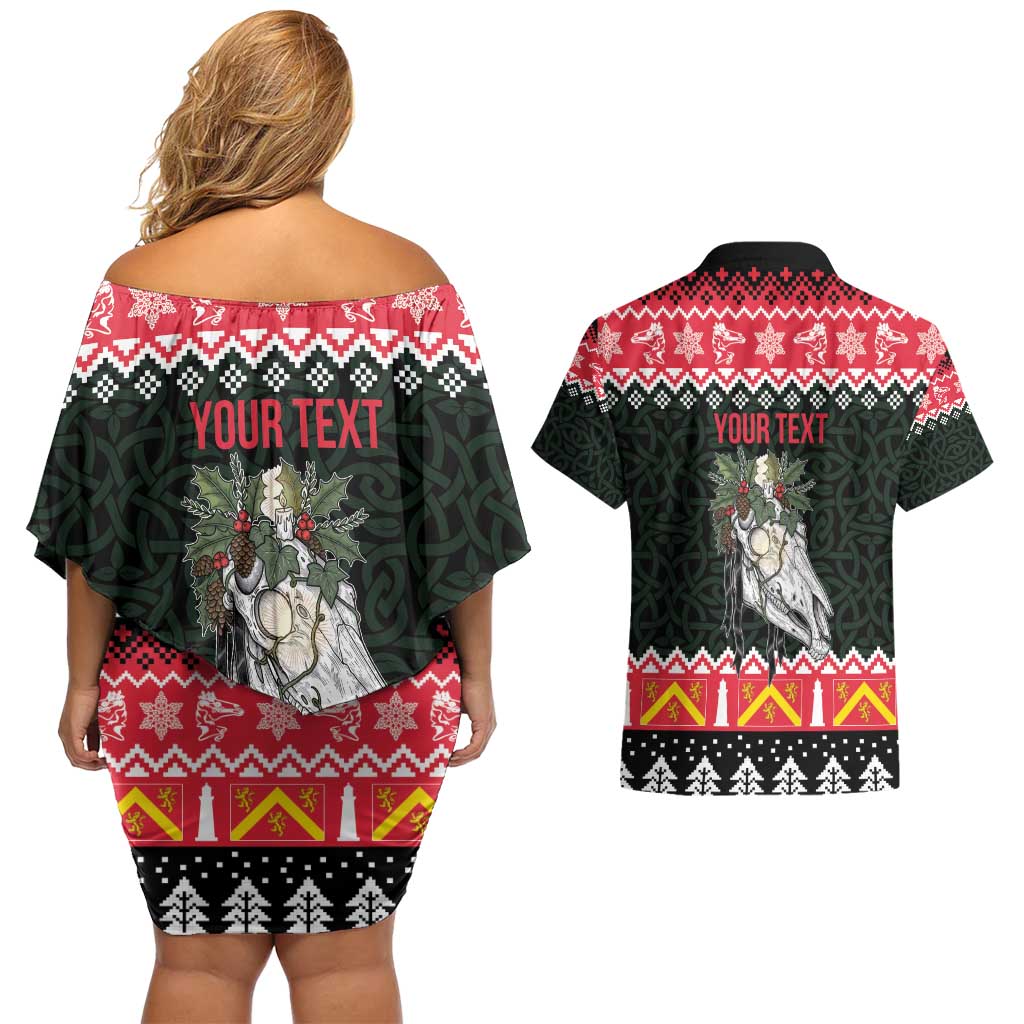 Personalized Anglesey Wales Christmas Couples Matching Off Shoulder Short Dress and Hawaiian Shirt Mari Lwyd Celtic Knot Style - Wonder Print Shop