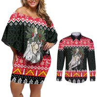 Personalized Anglesey Wales Christmas Couples Matching Off Shoulder Short Dress and Long Sleeve Button Shirt Mari Lwyd Celtic Knot Style - Wonder Print Shop