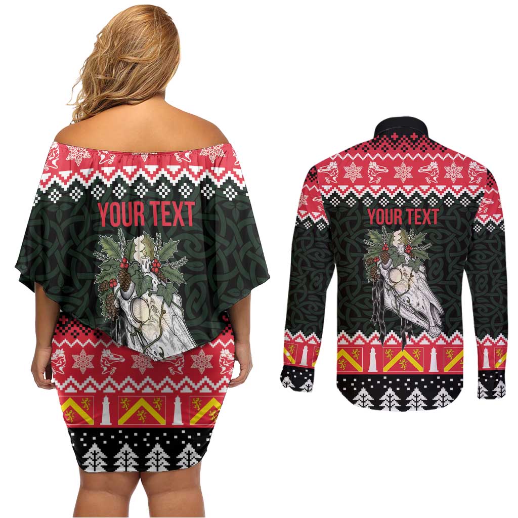 Personalized Anglesey Wales Christmas Couples Matching Off Shoulder Short Dress and Long Sleeve Button Shirt Mari Lwyd Celtic Knot Style - Wonder Print Shop