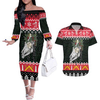 Personalized Anglesey Wales Christmas Couples Matching Off The Shoulder Long Sleeve Dress and Hawaiian Shirt Mari Lwyd Celtic Knot Style - Wonder Print Shop