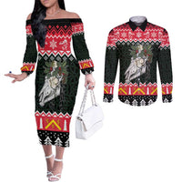 Personalized Anglesey Wales Christmas Couples Matching Off The Shoulder Long Sleeve Dress and Long Sleeve Button Shirt Mari Lwyd Celtic Knot Style - Wonder Print Shop
