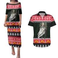 Personalized Anglesey Wales Christmas Couples Matching Puletasi and Hawaiian Shirt Mari Lwyd Celtic Knot Style - Wonder Print Shop