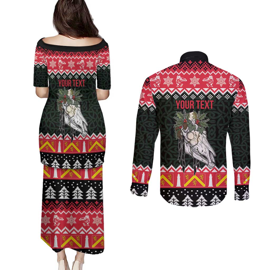 Personalized Anglesey Wales Christmas Couples Matching Puletasi and Long Sleeve Button Shirt Mari Lwyd Celtic Knot Style - Wonder Print Shop