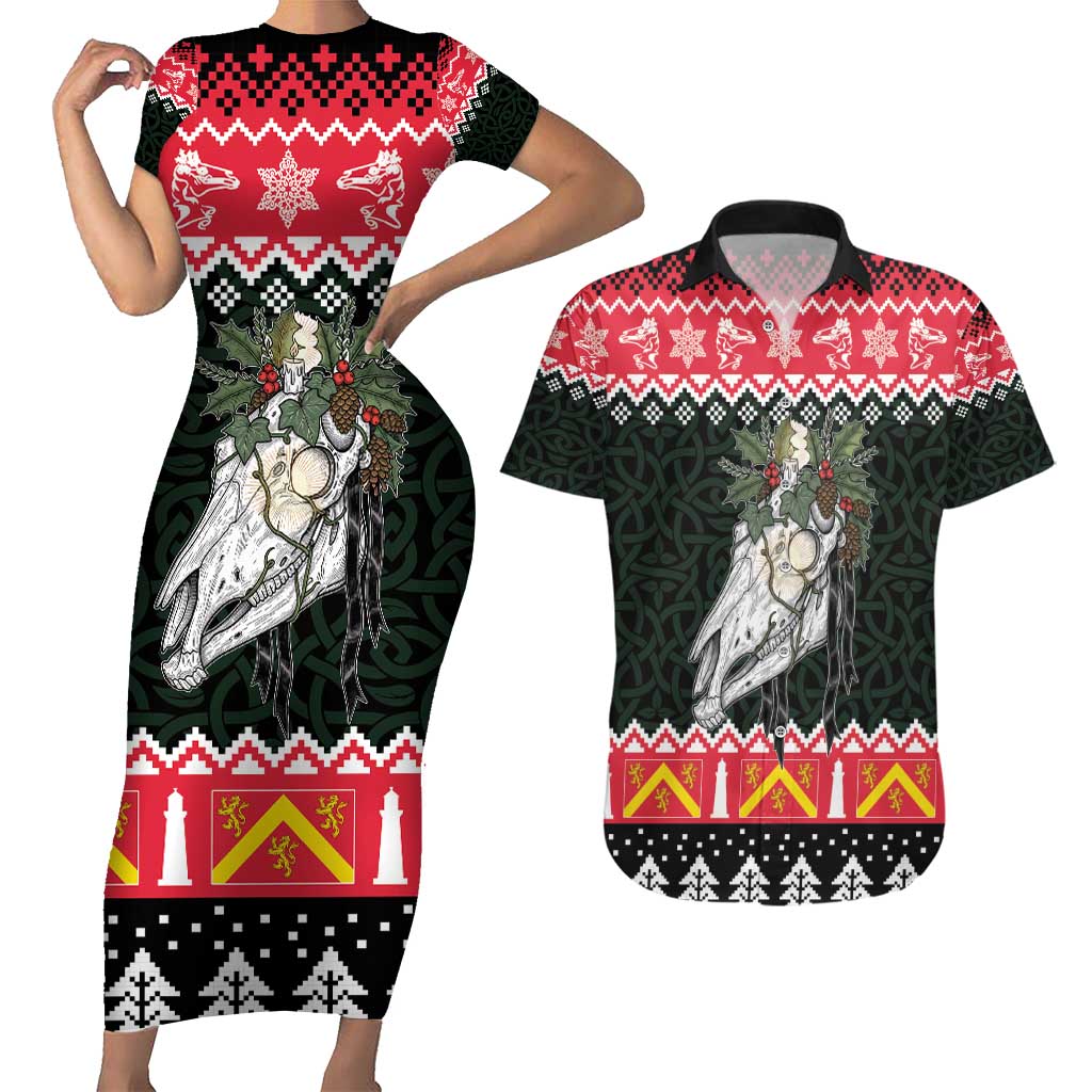 Personalized Anglesey Wales Christmas Couples Matching Short Sleeve Bodycon Dress and Hawaiian Shirt Mari Lwyd Celtic Knot Style - Wonder Print Shop