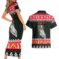 Personalized Anglesey Wales Christmas Couples Matching Short Sleeve Bodycon Dress and Hawaiian Shirt Mari Lwyd Celtic Knot Style - Wonder Print Shop