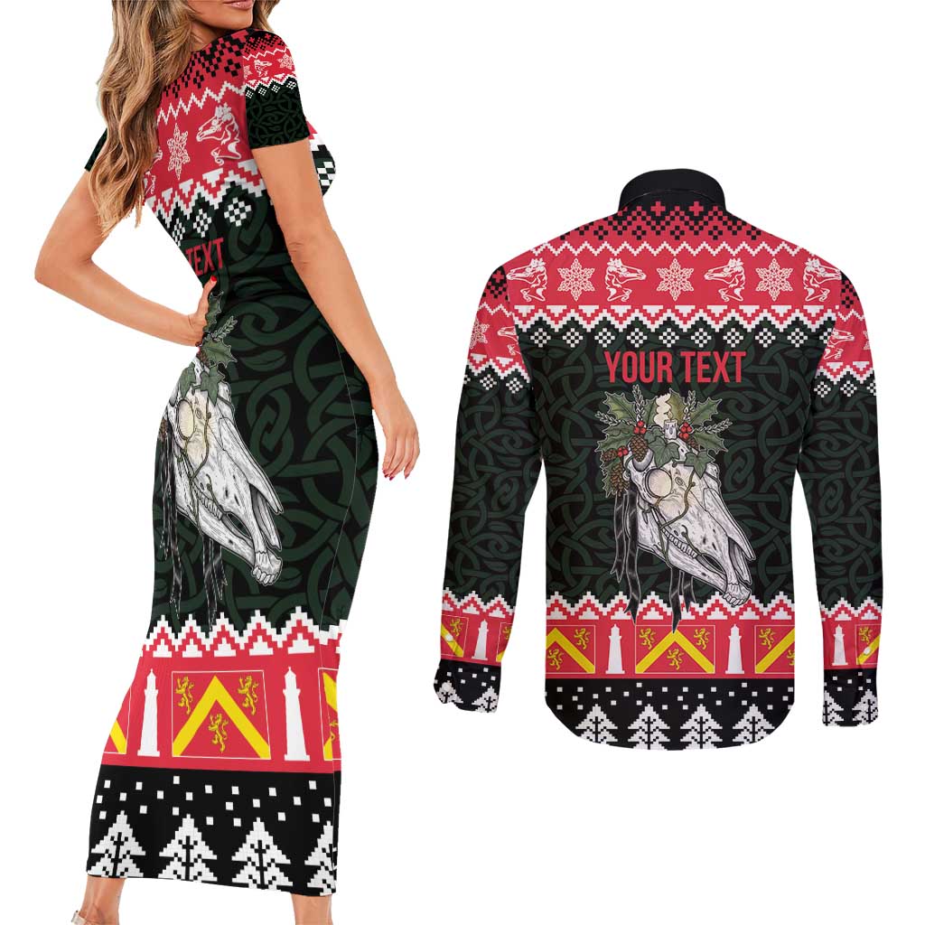 Personalized Anglesey Wales Christmas Couples Matching Short Sleeve Bodycon Dress and Long Sleeve Button Shirt Mari Lwyd Celtic Knot Style - Wonder Print Shop