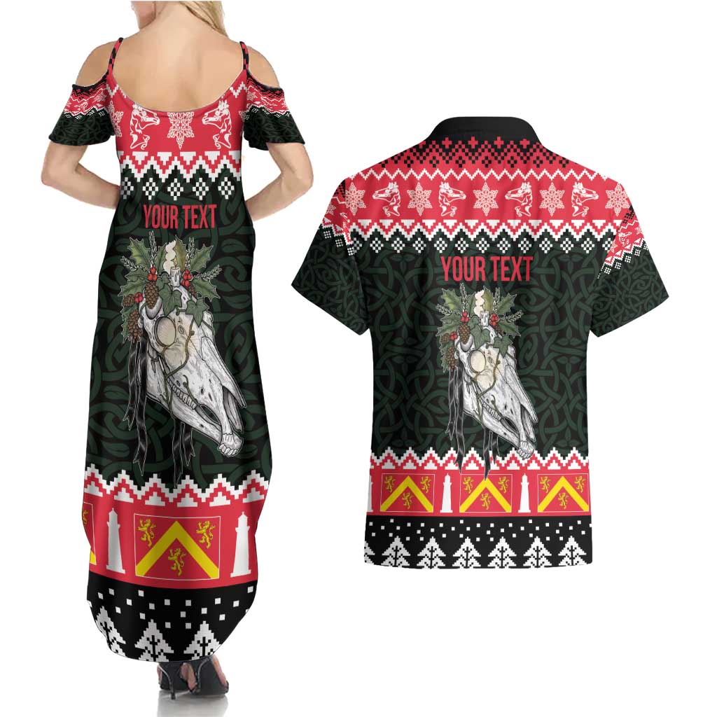 Personalized Anglesey Wales Christmas Couples Matching Summer Maxi Dress and Hawaiian Shirt Mari Lwyd Celtic Knot Style - Wonder Print Shop