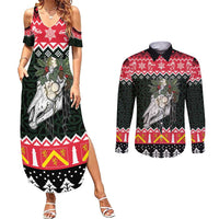 Personalized Anglesey Wales Christmas Couples Matching Summer Maxi Dress and Long Sleeve Button Shirt Mari Lwyd Celtic Knot Style - Wonder Print Shop