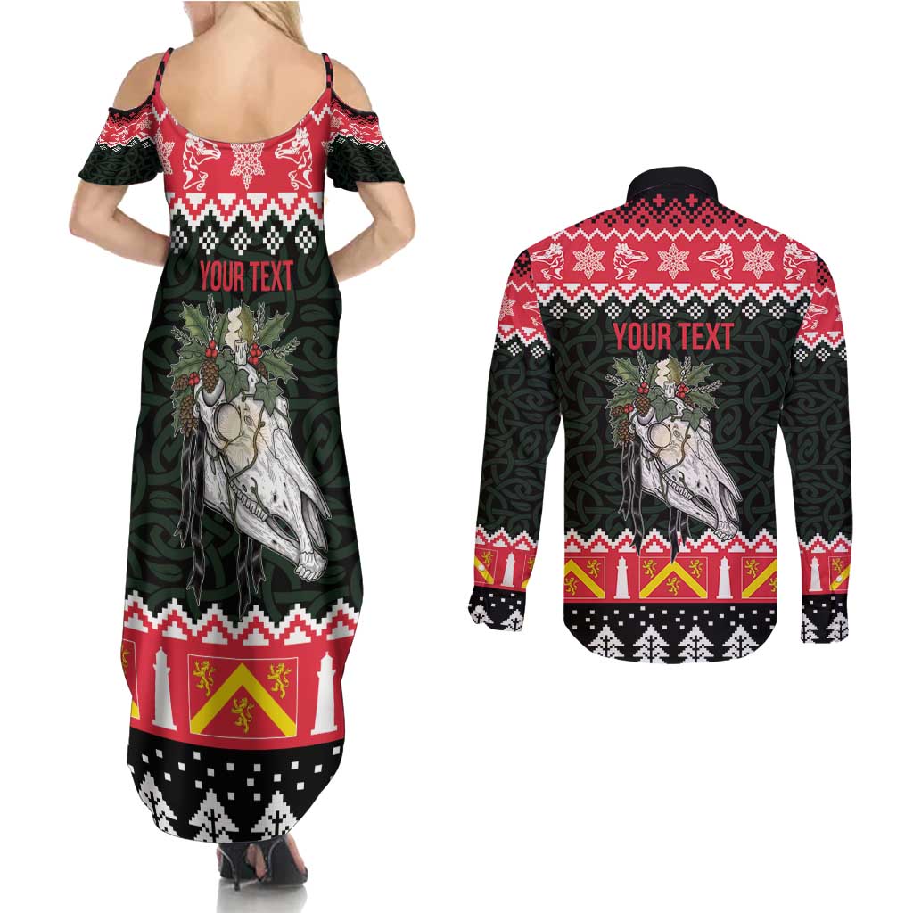 Personalized Anglesey Wales Christmas Couples Matching Summer Maxi Dress and Long Sleeve Button Shirt Mari Lwyd Celtic Knot Style - Wonder Print Shop