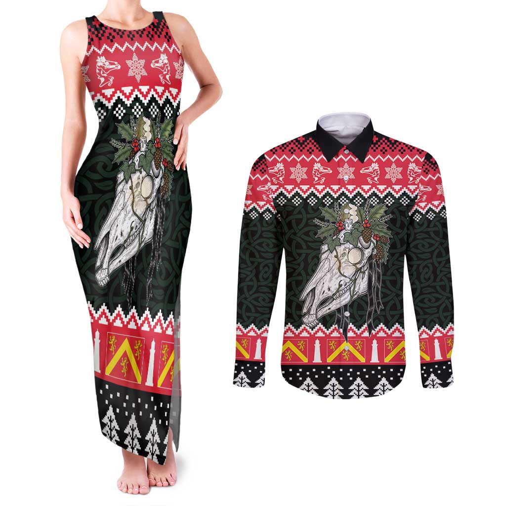 Personalized Anglesey Wales Christmas Couples Matching Tank Maxi Dress and Long Sleeve Button Shirt Mari Lwyd Celtic Knot Style - Wonder Print Shop