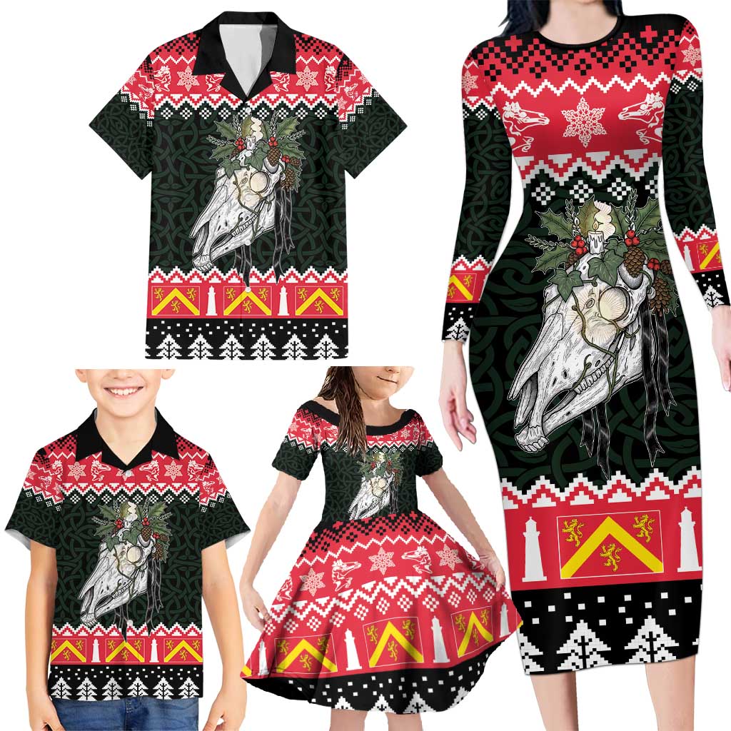 Personalized Anglesey Wales Christmas Family Matching Long Sleeve Bodycon Dress and Hawaiian Shirt Mari Lwyd Celtic Knot Style - Wonder Print Shop