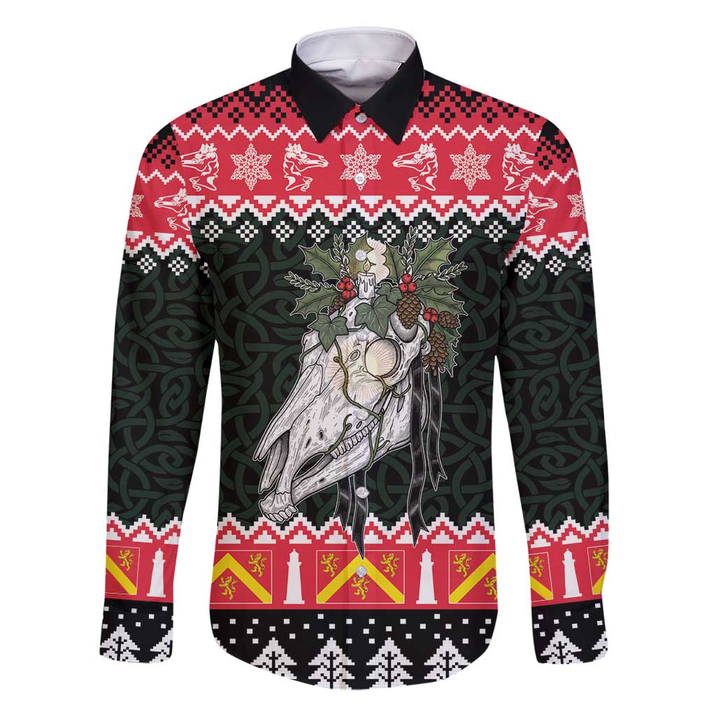 Personalized Anglesey Wales Christmas Family Matching Long Sleeve Bodycon Dress and Hawaiian Shirt Mari Lwyd Celtic Knot Style - Wonder Print Shop