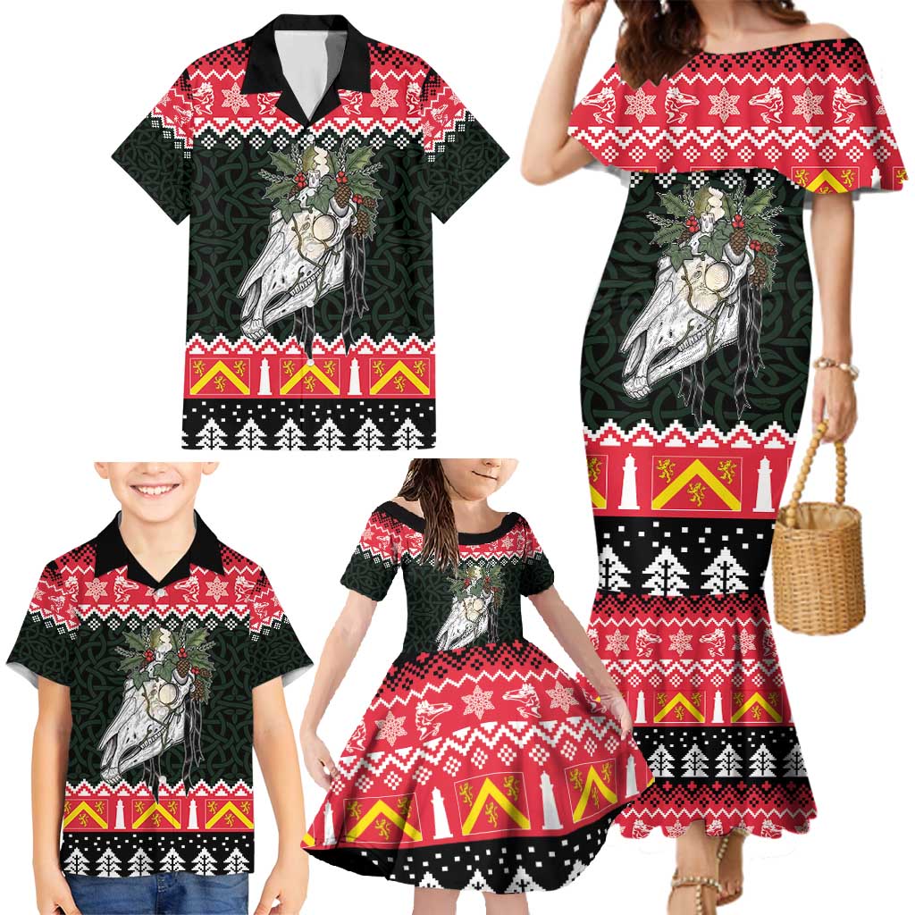 Personalized Anglesey Wales Christmas Family Matching Mermaid Dress and Hawaiian Shirt Mari Lwyd Celtic Knot Style - Wonder Print Shop