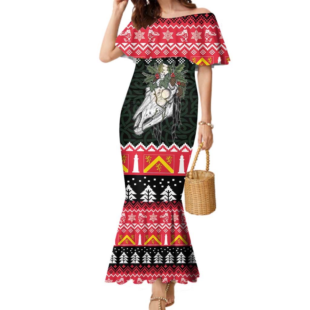 Personalized Anglesey Wales Christmas Family Matching Mermaid Dress and Hawaiian Shirt Mari Lwyd Celtic Knot Style - Wonder Print Shop