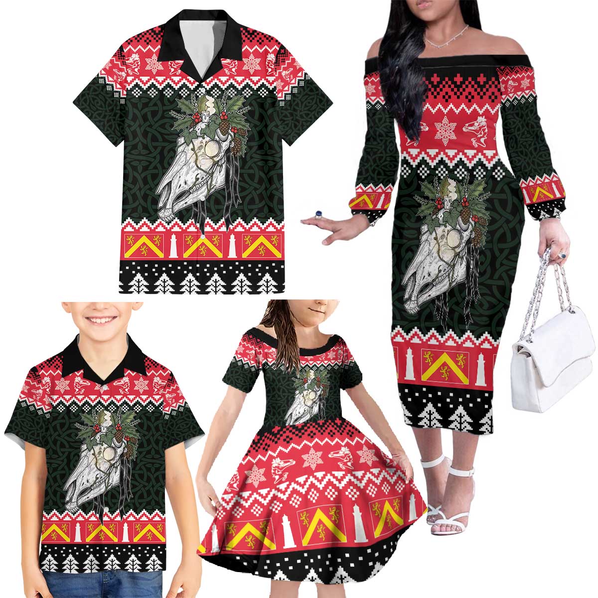 Personalized Anglesey Wales Christmas Family Matching Off The Shoulder Long Sleeve Dress and Hawaiian Shirt Mari Lwyd Celtic Knot Style - Wonder Print Shop
