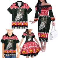 Personalized Anglesey Wales Christmas Family Matching Off The Shoulder Long Sleeve Dress and Hawaiian Shirt Mari Lwyd Celtic Knot Style - Wonder Print Shop