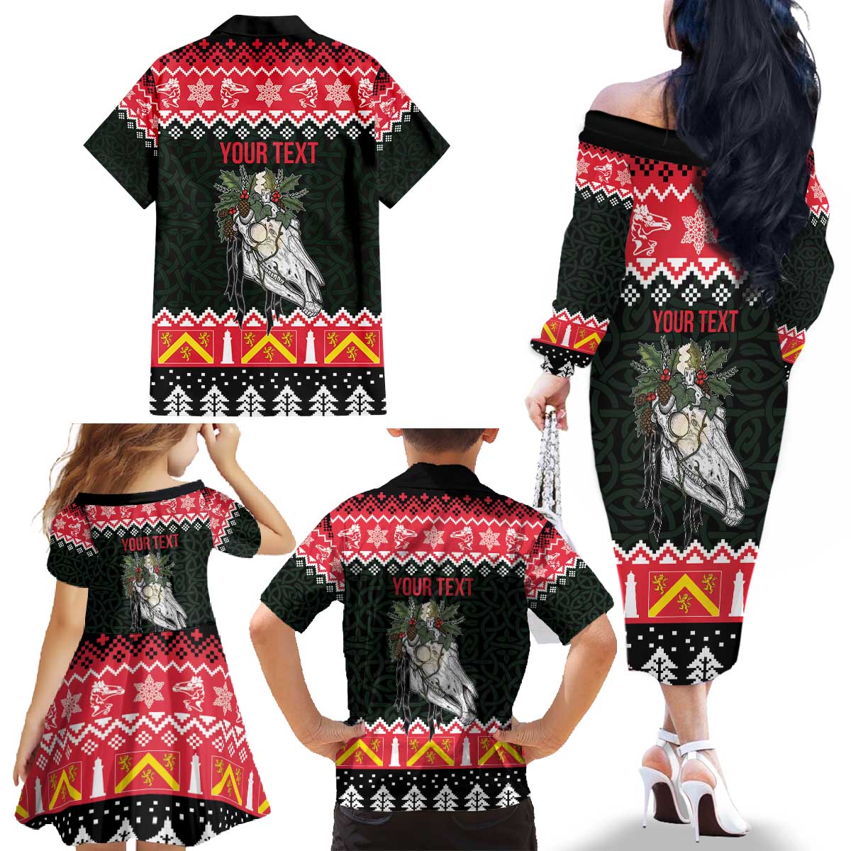 Personalized Anglesey Wales Christmas Family Matching Off The Shoulder Long Sleeve Dress and Hawaiian Shirt Mari Lwyd Celtic Knot Style - Wonder Print Shop