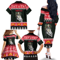 Personalized Anglesey Wales Christmas Family Matching Off The Shoulder Long Sleeve Dress and Hawaiian Shirt Mari Lwyd Celtic Knot Style - Wonder Print Shop