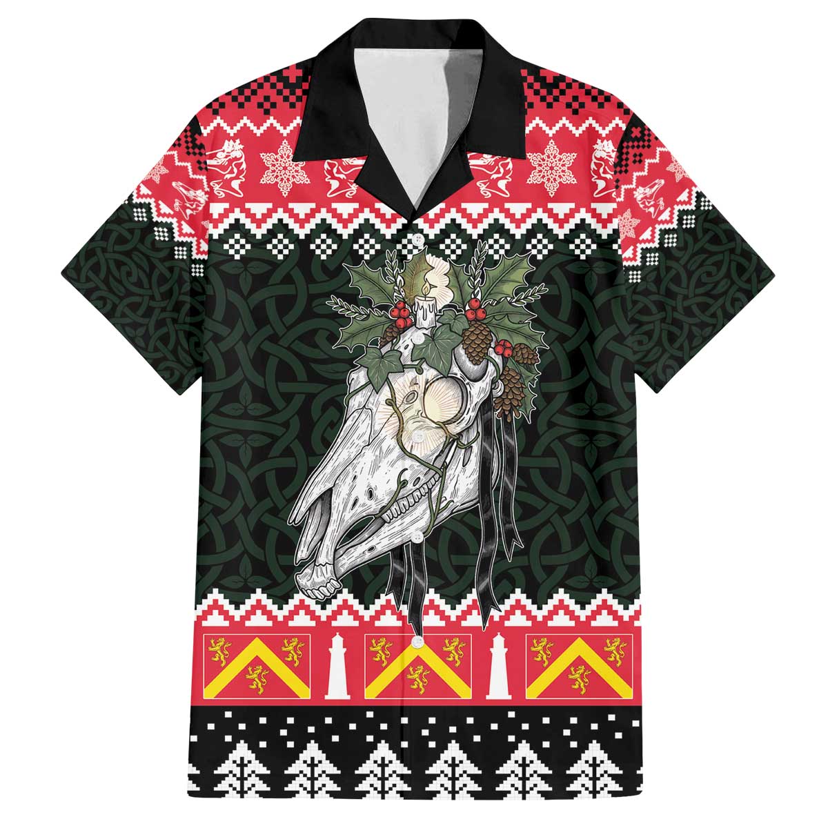 Personalized Anglesey Wales Christmas Family Matching Off The Shoulder Long Sleeve Dress and Hawaiian Shirt Mari Lwyd Celtic Knot Style - Wonder Print Shop