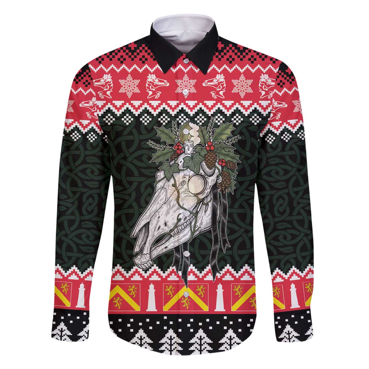 Personalized Anglesey Wales Christmas Family Matching Off The Shoulder Long Sleeve Dress and Hawaiian Shirt Mari Lwyd Celtic Knot Style - Wonder Print Shop