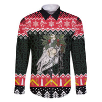 Personalized Anglesey Wales Christmas Family Matching Off The Shoulder Long Sleeve Dress and Hawaiian Shirt Mari Lwyd Celtic Knot Style - Wonder Print Shop