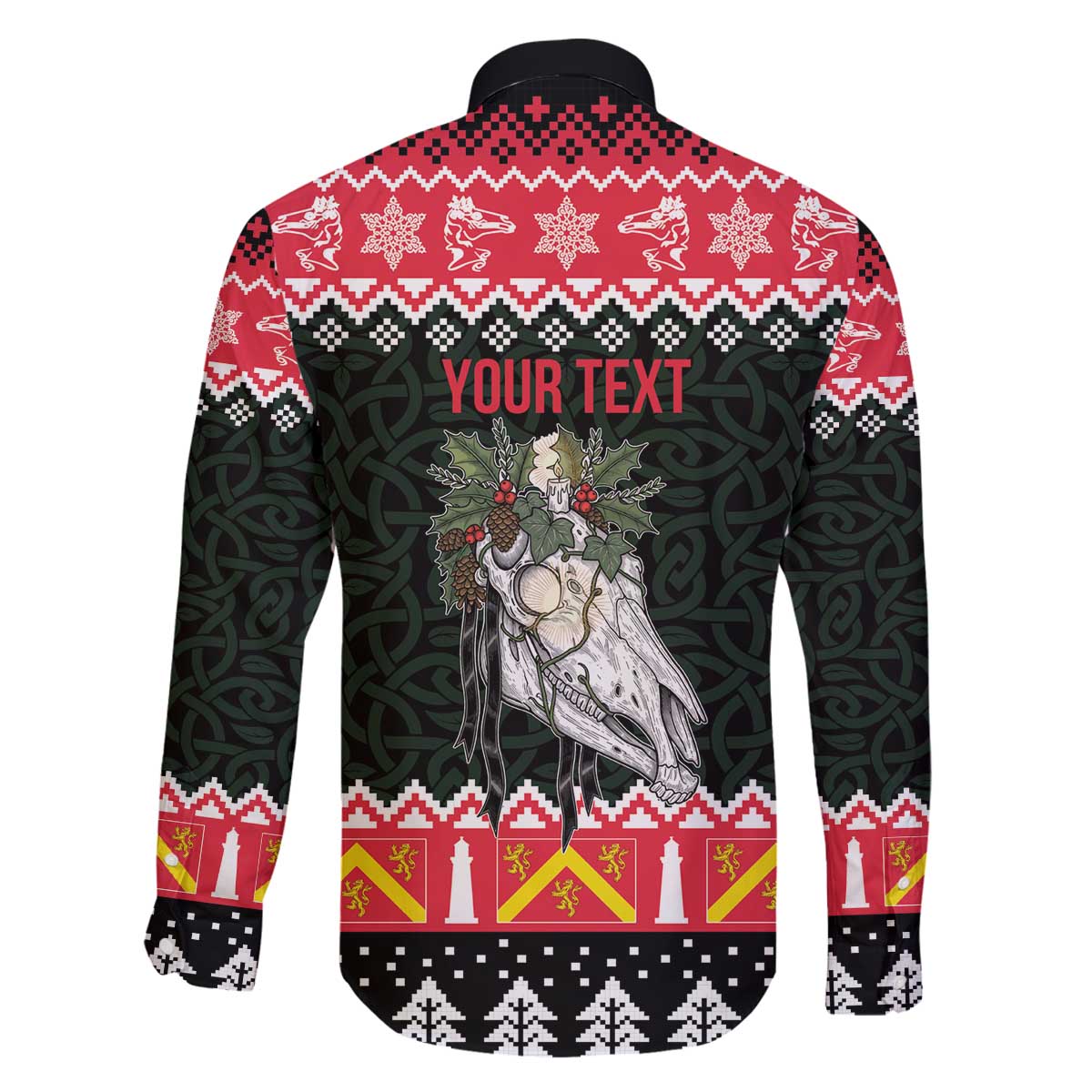 Personalized Anglesey Wales Christmas Family Matching Off The Shoulder Long Sleeve Dress and Hawaiian Shirt Mari Lwyd Celtic Knot Style - Wonder Print Shop