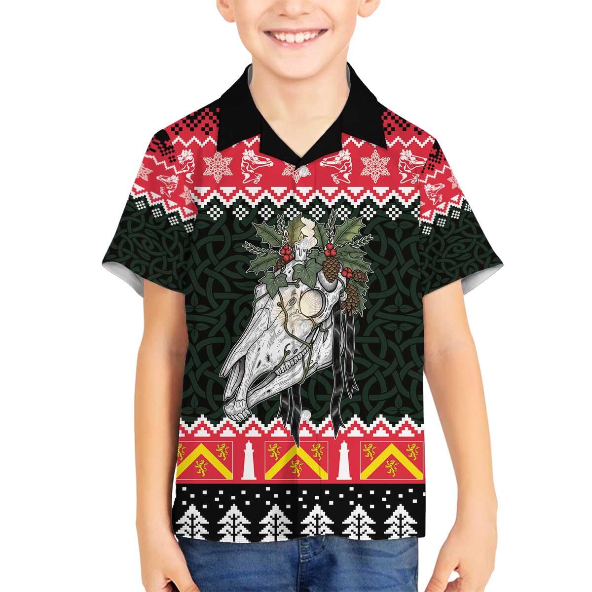 Personalized Anglesey Wales Christmas Family Matching Off The Shoulder Long Sleeve Dress and Hawaiian Shirt Mari Lwyd Celtic Knot Style - Wonder Print Shop
