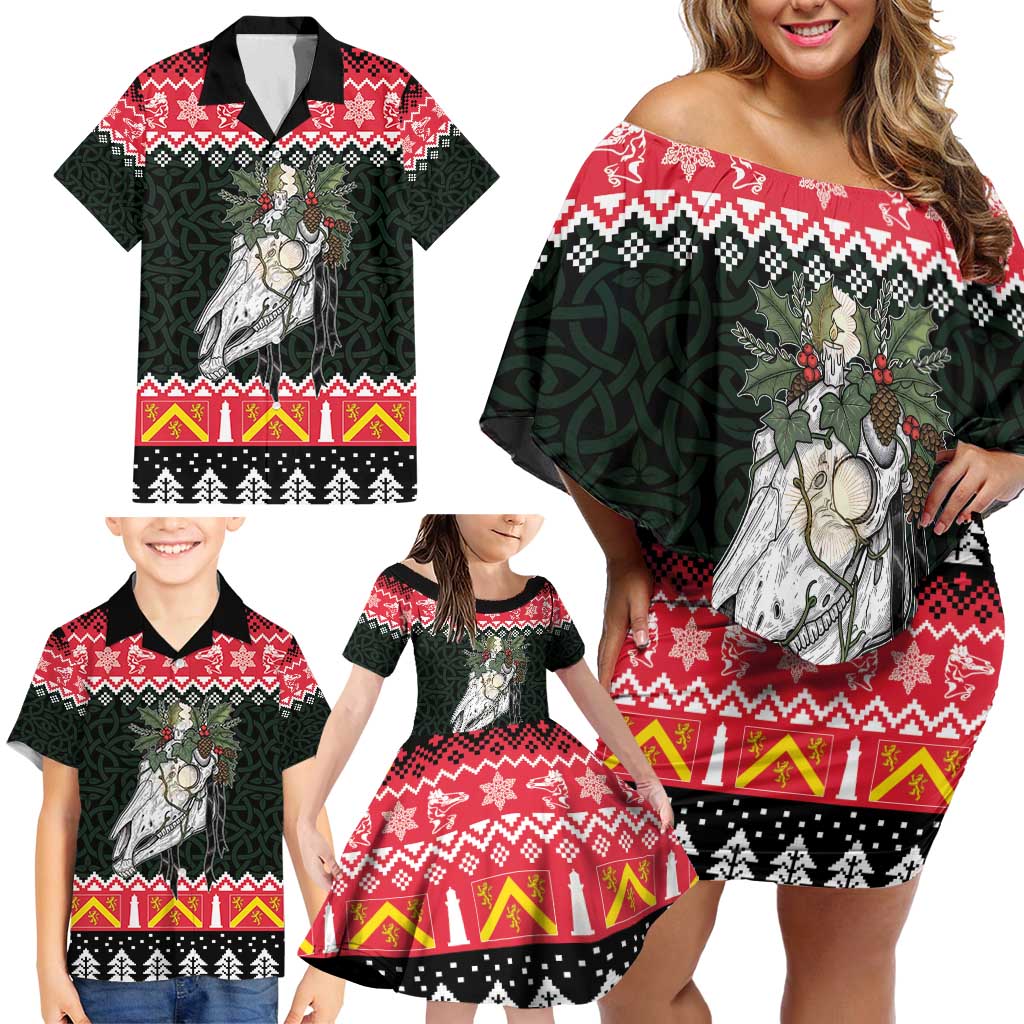 Personalized Anglesey Wales Christmas Family Matching Off Shoulder Short Dress and Hawaiian Shirt Mari Lwyd Celtic Knot Style - Wonder Print Shop